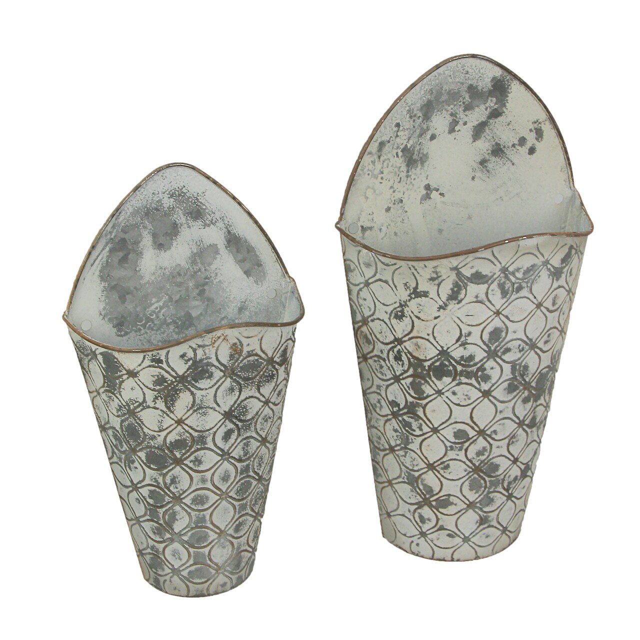 Antiqued Gray Enamel Painted Embossed Metal Wall Pockets Set of 2